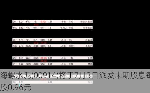 海螺水泥(00914)将于7月3日派发末期股息每股0.96元