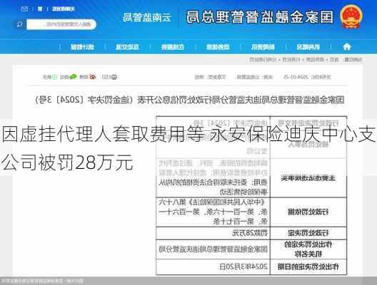 因虚挂代理人套取费用等 永安保险迪庆中心支公司被罚28万元