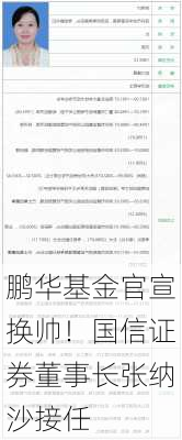 鹏华基金官宣换帅！国信证券董事长张纳沙接任