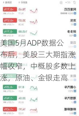 美国5月ADP数据公布后，美股三大期指涨幅收窄，中概股多数上涨，原油、金银走高