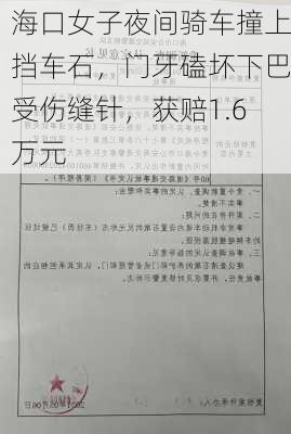 海口女子夜间骑车撞上挡车石，门牙磕坏下巴受伤缝针，获赔1.6万元