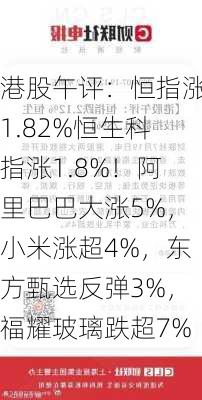 港股午评：恒指涨1.82%恒生科指涨1.8%！阿里巴巴大涨5%，小米涨超4%，东方甄选反弹3%，福耀玻璃跌超7%