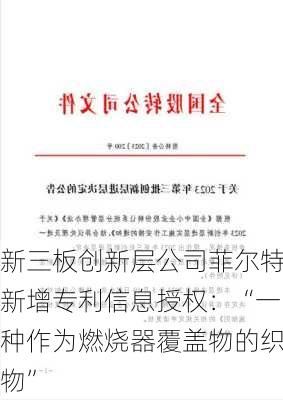 新三板创新层公司菲尔特新增专利信息授权：“一种作为燃烧器覆盖物的织物”