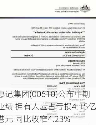 惠记集团(00610)公布中期业绩 拥有人应占亏损4.15亿港元 同比收窄4.23%