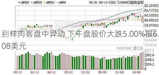 别样肉客盘中异动 下午盘股价大跌5.00%报6.08美元