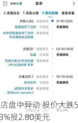 趣店盘中异动 股价大跌5.03%报2.80美元