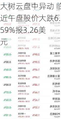 大树云盘中异动 临近午盘股价大跌6.59%报3.26美元