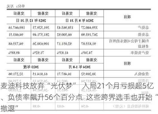 麦迪科技放弃“光伏梦”  入局21个月亏损超5亿、负债率飙升56个百分点  这些跨界选手也开始“撤退”